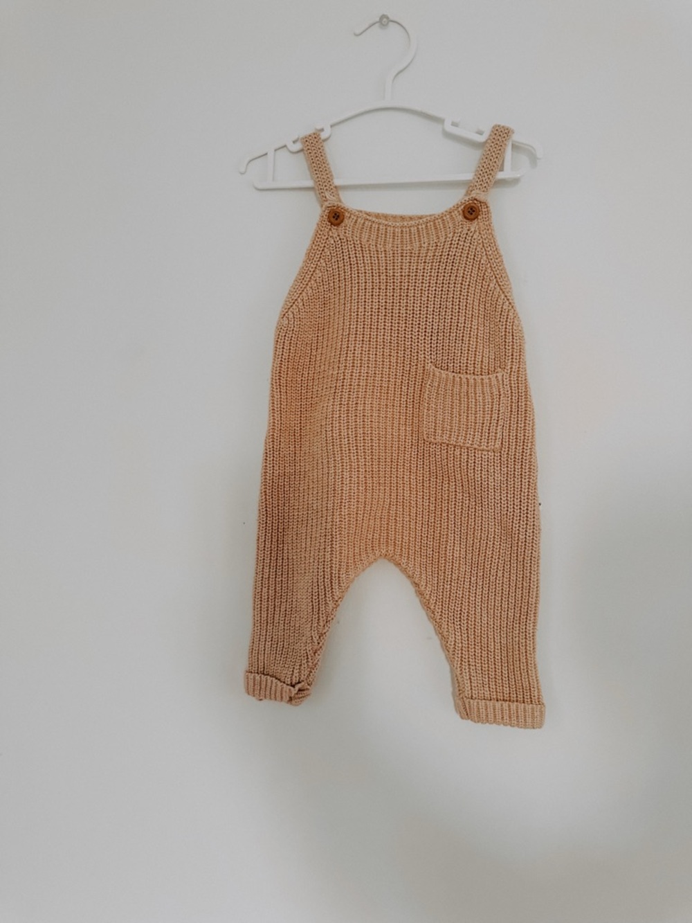 Cozy Knit Overalls in Beige organic cotton rabbit and bear crochet overalls.